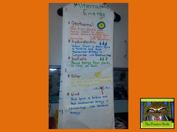 Anchor chart for different types of alternative energy.  (geothermal, hydroelectric, solar, wind, biofuel/biomass)