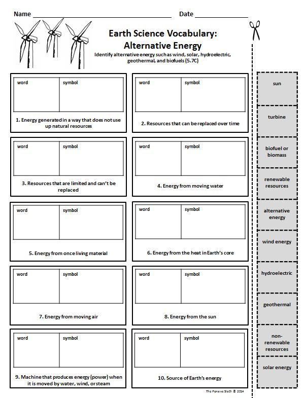 Vocabulary Snip-it! worksheet to review alternative energy. 