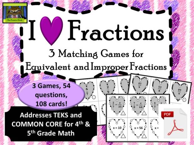 Fun heart themed fractions games to help students practice matching equivalent fractions, including improper fractions and mixed numbers.  