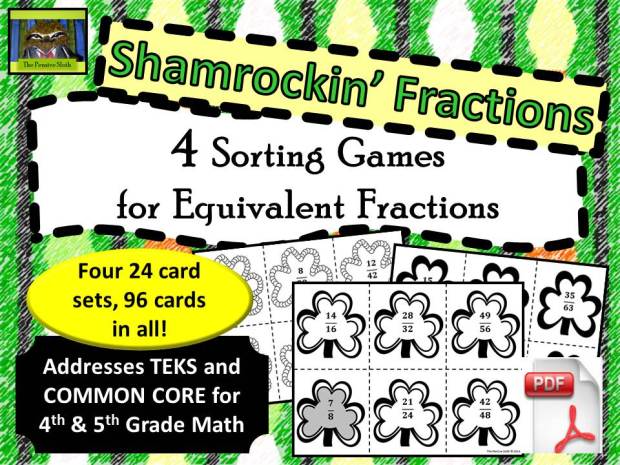 St. Patrick's Day/Shamrock Theme Game--Students sort fractions by finding equivalent fractions and matching them to the simplified (or reduced) fraction. 